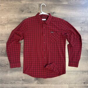 Columbia Shirt Mens Small Red Gray Plaid Stretch Lightweight Button Up Casual